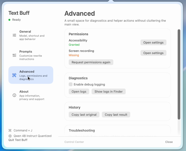 Text Buff Advanced-Bereich mit Berechtigungen und Diagnosen
