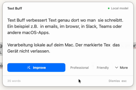Text Buff Capture-Karte mit Improve-Aktion direkt über markiertem Text