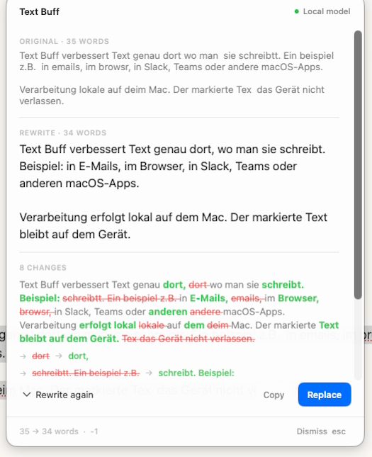 Text Buff zeigt eine Vorher/Nachher-Ansicht mit markierten Änderungen